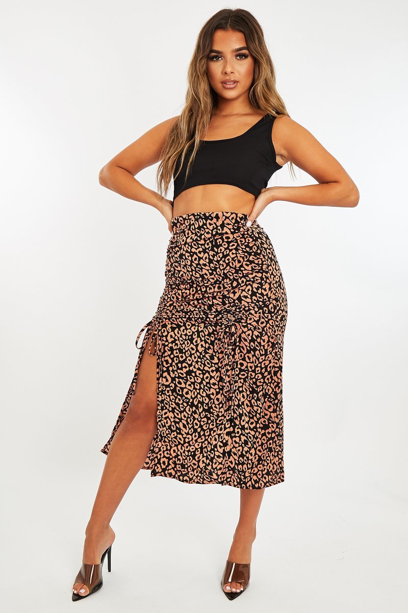 Pink Leopard Front Ruched Midi Skirt - Esmie-Skirts