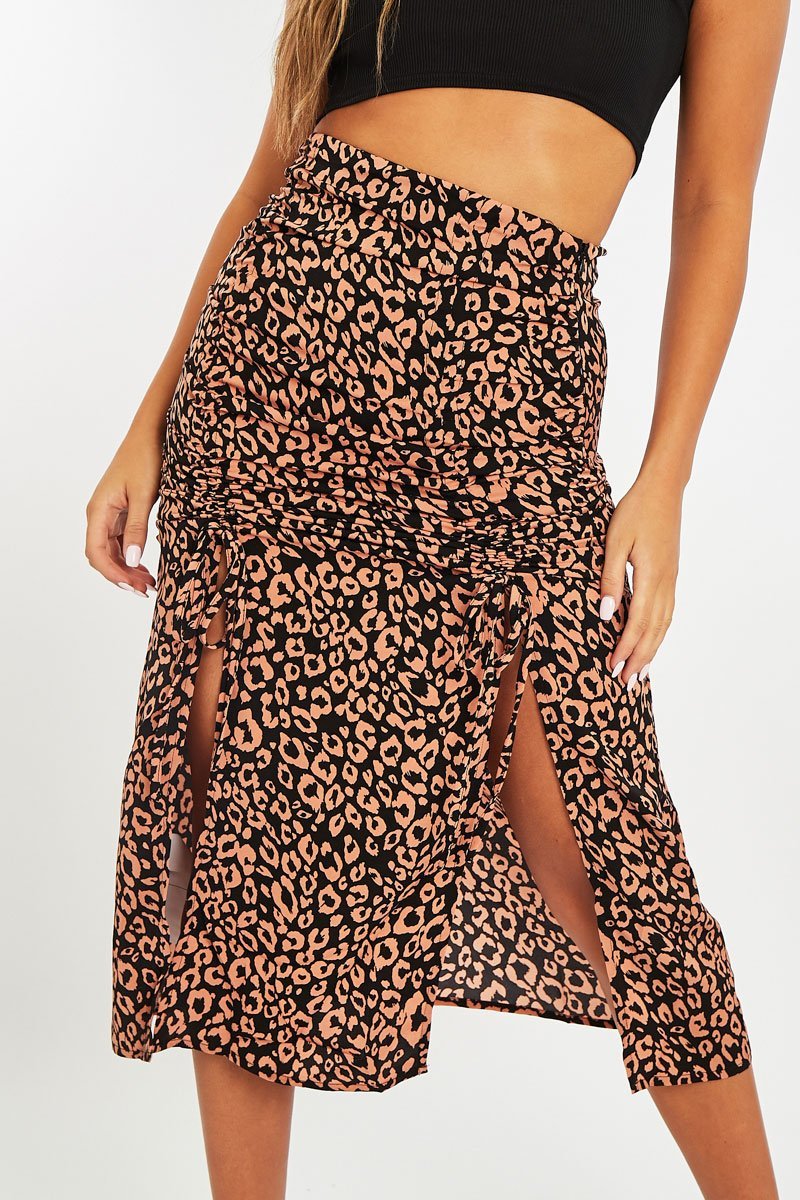 Pink Leopard Front Ruched Midi Skirt - Esmie-Skirts
