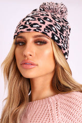 Pink Leopard Knit Pom Pom Hat - Kela-Hats