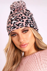 Pink Leopard Knit Pom Pom Hat - Kela-Hats