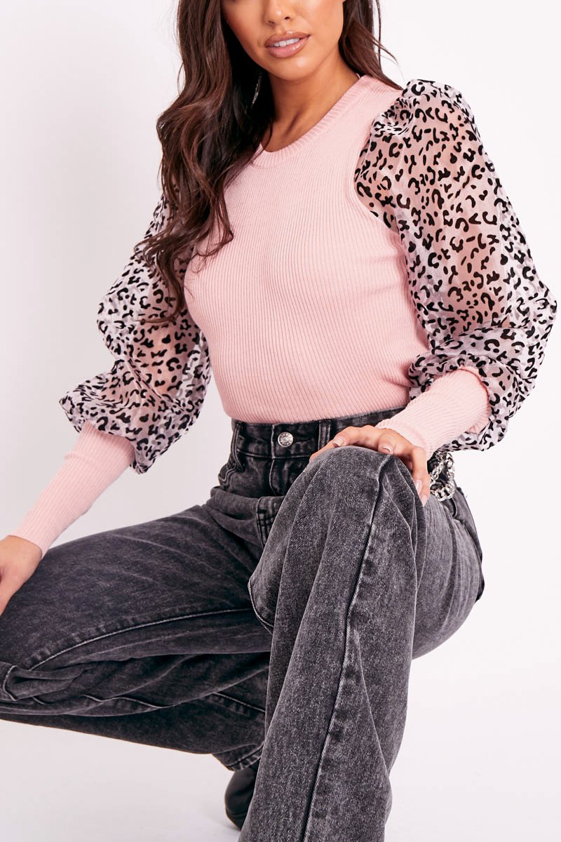 Pink Leopard Mesh Sleeve Ribbed Top - Fiora-Tops