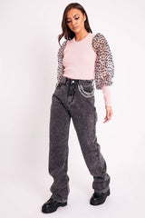 Pink Leopard Mesh Sleeve Ribbed Top - Fiora-Tops