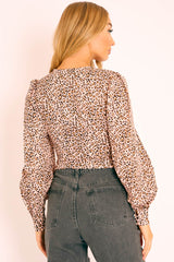 Pink Leopard Print Plunge Button Blouse - Polly-Tops
