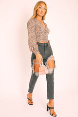 Pink Leopard Print Plunge Button Blouse - Polly-Tops