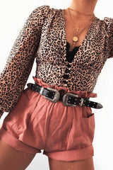 Pink Leopard Print Plunge Button Blouse - Polly-Tops