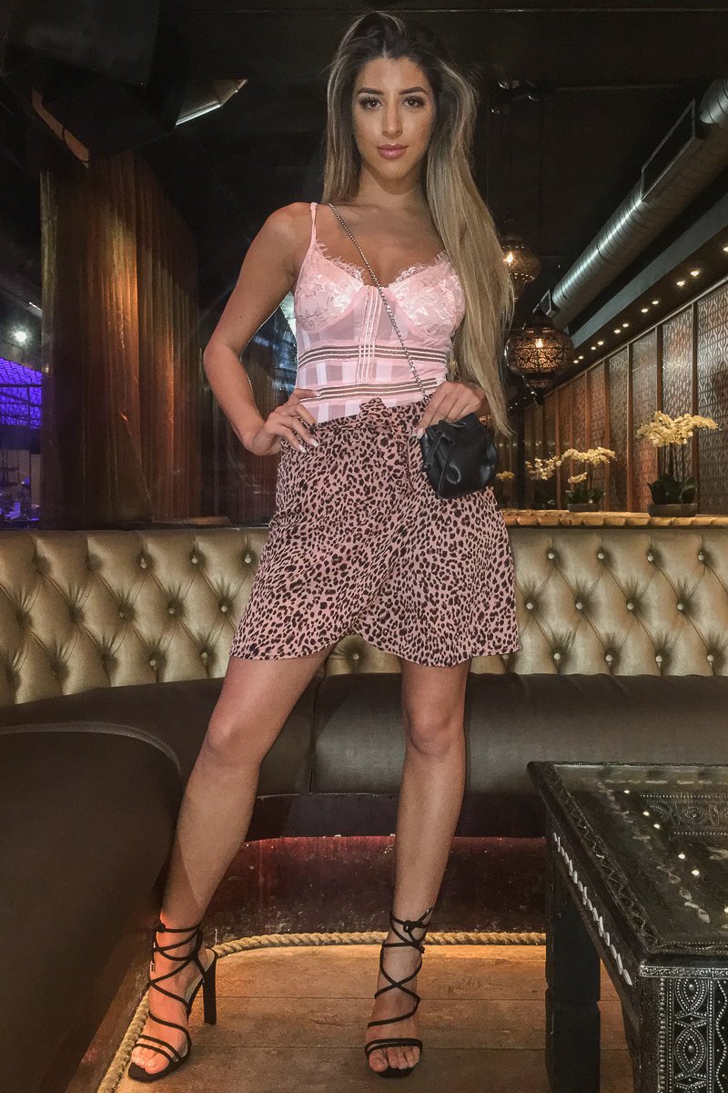 Pink Leopard Print Ruffle Front Tie Mini Skirt - Hilda-Skirts