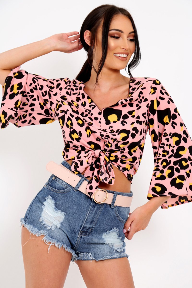 Pink Leopard Print Tie Front Shirt - Ikran-Tops