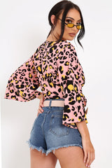 Pink Leopard Print Tie Front Shirt - Ikran-Tops