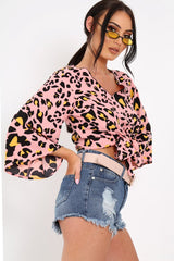 Pink Leopard Print Tie Front Shirt - Ikran-Tops