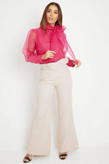 Pink Mesh Balloon Sleeve Blouse - Elvina-Tops