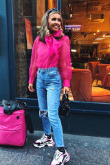 Pink Mesh Balloon Sleeve Blouse - Elvina-Tops