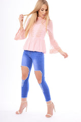 Pink Mesh Crochet Bell Sleeve High Neck Blouse - Loretta-Tops