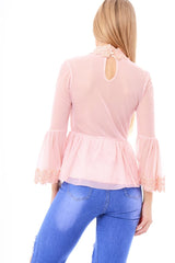 Pink Mesh Crochet Bell Sleeve High Neck Blouse - Loretta-Tops
