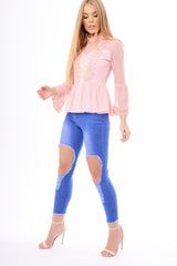 Pink Mesh Crochet Bell Sleeve High Neck Blouse - Loretta-Tops