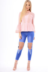 Pink Mesh Crochet Bell Sleeve High Neck Blouse - Loretta-Tops