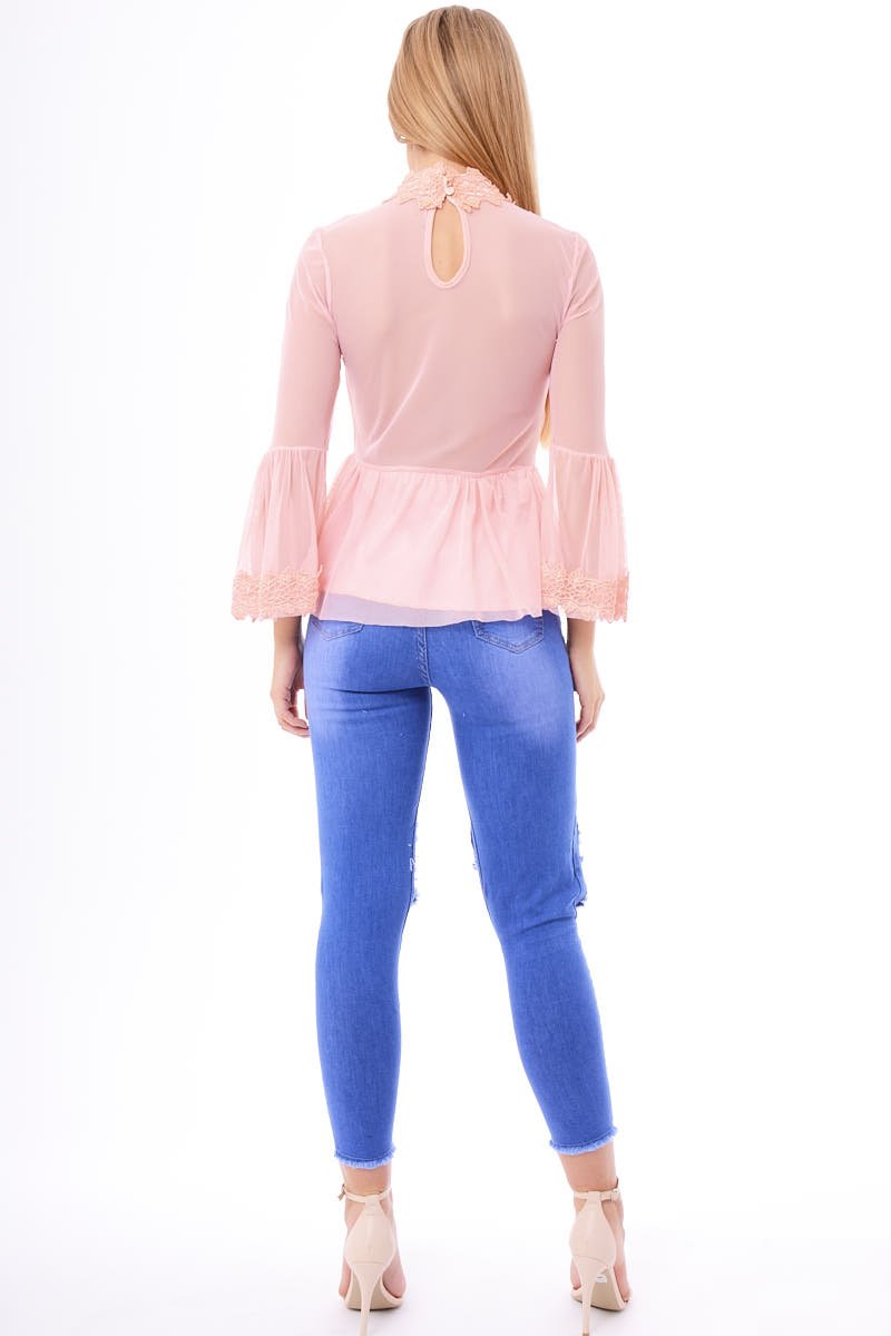 Pink Mesh Crochet Bell Sleeve High Neck Blouse - Loretta-Tops