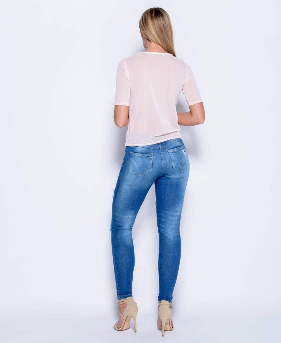 Pink Mesh Embroidered Top - Leigh-Tops