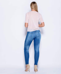 Pink Mesh Embroidered Top - Leigh-Tops