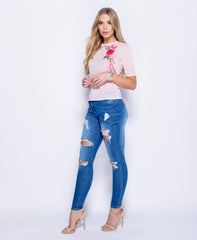 Pink Mesh Embroidered Top - Leigh-Tops