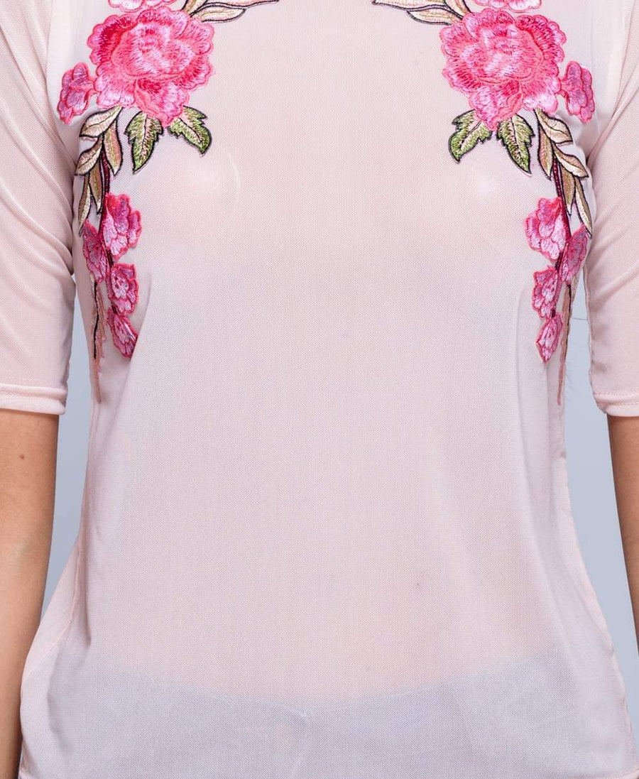 Pink Mesh Embroidered Top - Leigh-Tops