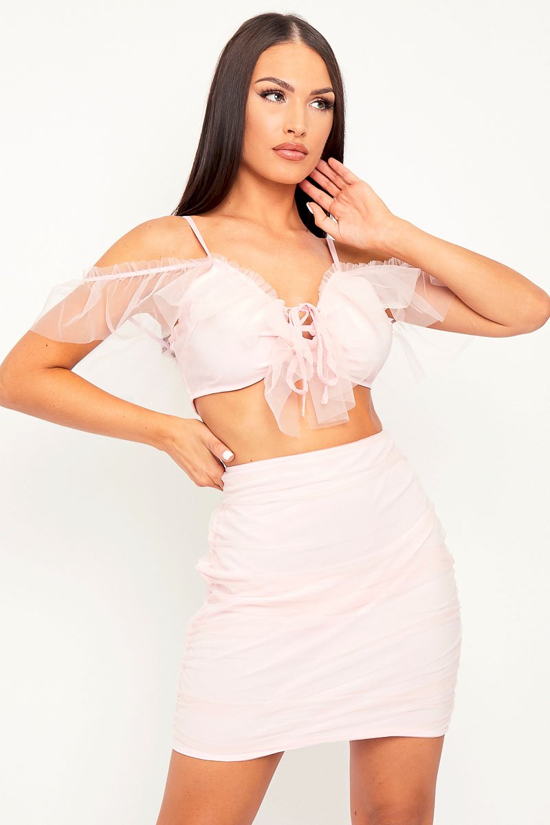 Pink Mesh Frill Crop Top + Skirt Co-ord - Pansy-Co-ords