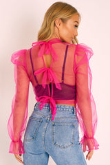 Pink Mesh High Neck Open Back Blouse - Anthea-Blouse