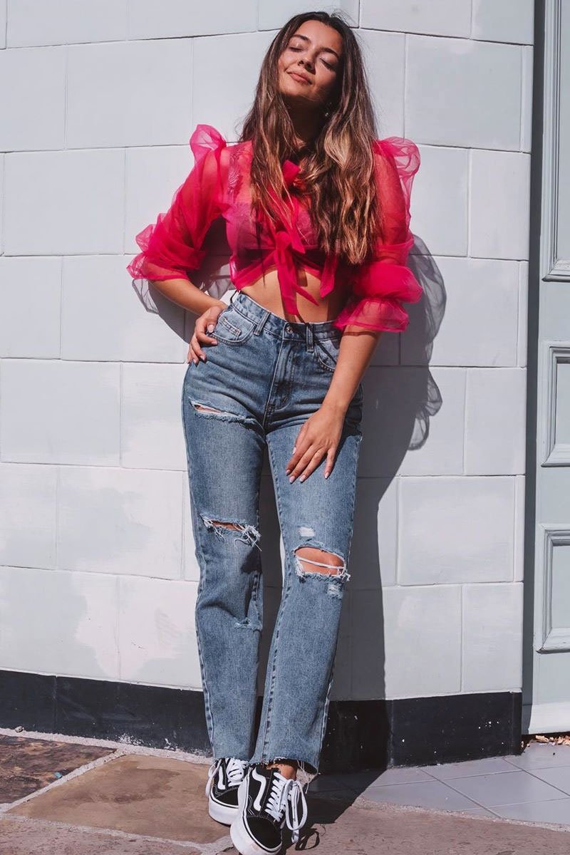 Pink Mesh High Neck Open Back Blouse - Anthea-Blouse