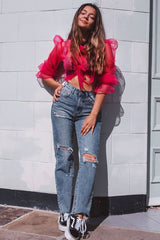 Pink Mesh High Neck Open Back Blouse - Anthea-Blouse