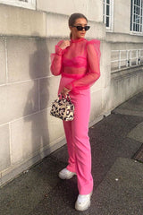 Pink Mesh High Neck Open Back Blouse - Anthea-Blouse