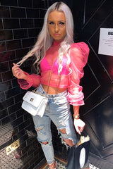 Pink Mesh High Neck Open Back Blouse - Anthea-Blouse