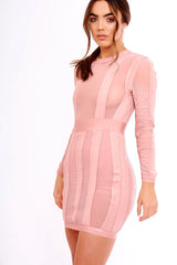 Pink Mesh Panel Striped Bandage Bodycon Dress - Clara-Dresses