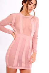 Pink Mesh Panel Striped Bandage Bodycon Dress - Clara-Dresses