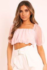 Pink Mesh Puffball Crop Top - Taja-Crop Tops