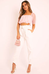 Pink Mesh Puffball Crop Top - Taja-Crop Tops