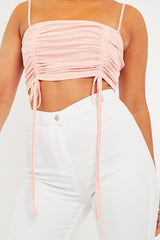 Pink Mesh Ruched Square Neck Crop Top - Leyna-Crop Tops