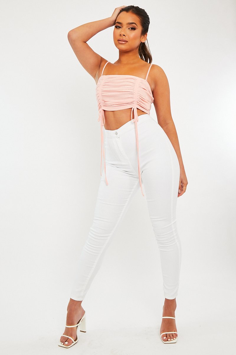 Pink Mesh Ruched Square Neck Crop Top - Leyna-Crop Tops