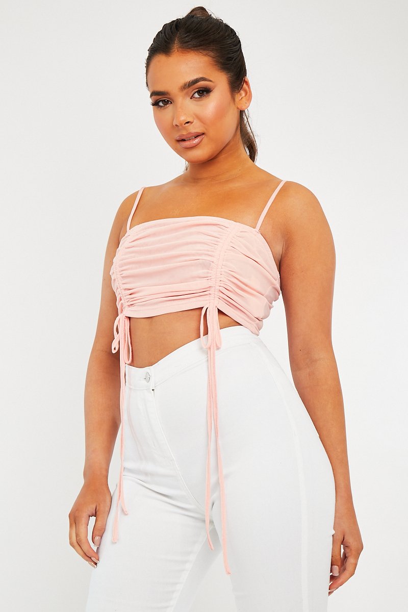 Pink Mesh Ruched Square Neck Crop Top - Leyna-Crop Tops