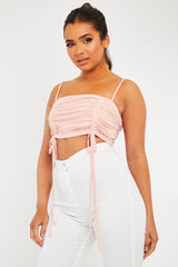 Pink Mesh Ruched Square Neck Crop Top - Leyna-Crop Tops