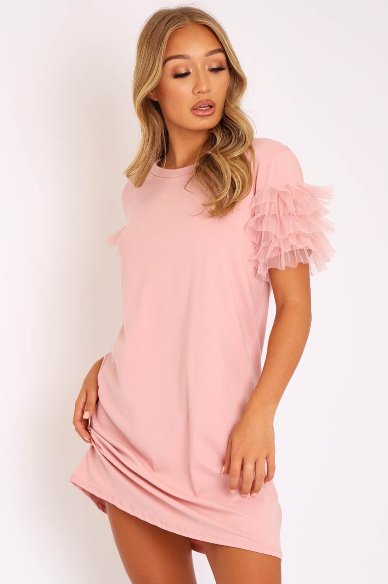 Pink Mesh Ruffle Sleeve T-shirt Dress - Stefi-Dresses