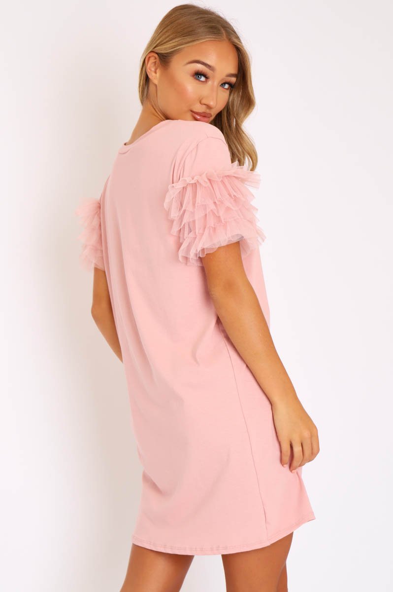 Pink Mesh Ruffle Sleeve T-shirt Dress - Stefi-Dresses