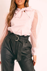 Pink Mesh Sleeve Bow Neck Blouse - Adelin-Tops