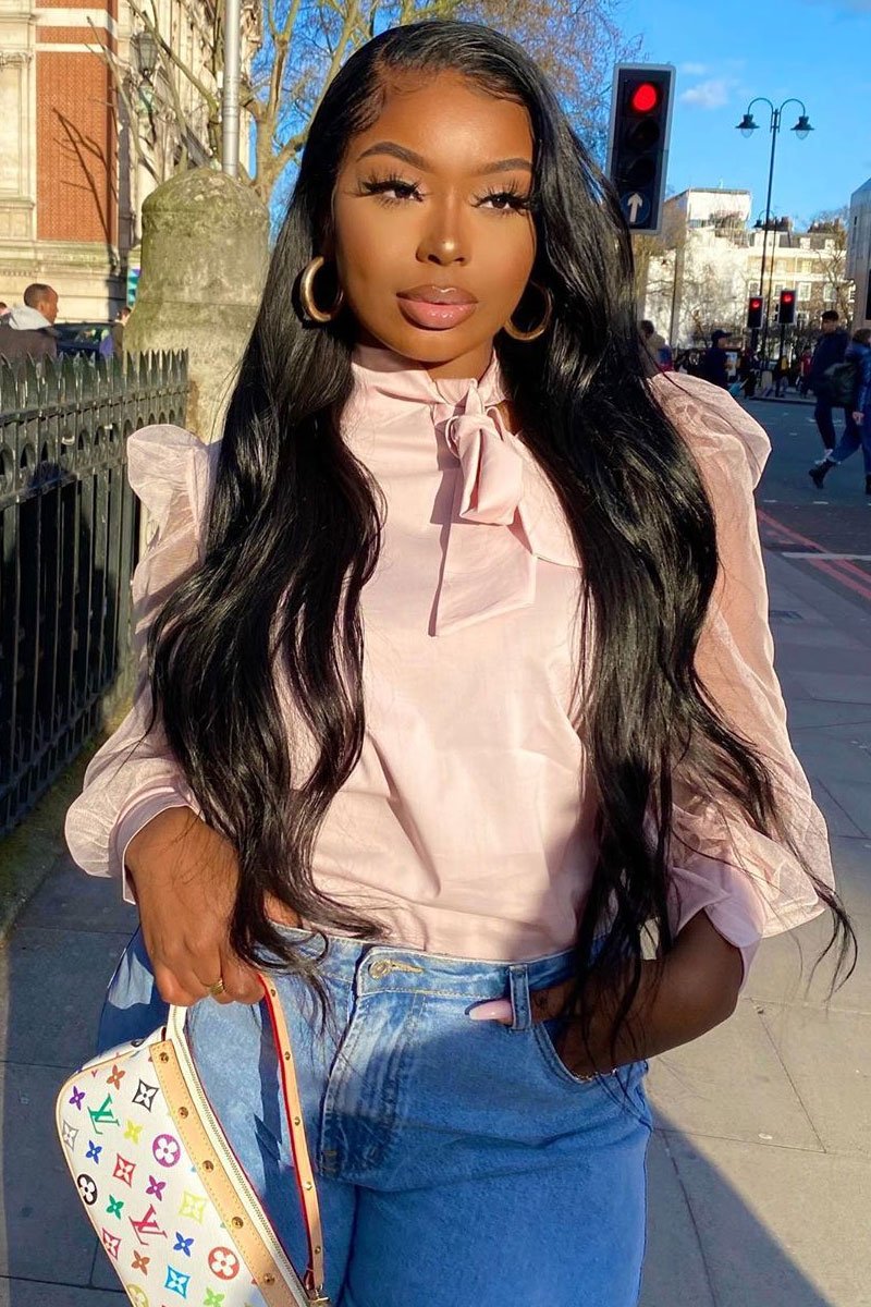 Pink Mesh Sleeve Bow Neck Blouse - Adelin-Tops