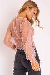 Pink Mesh Swiss Dot Ruched Hem Top - Jozi-Tops