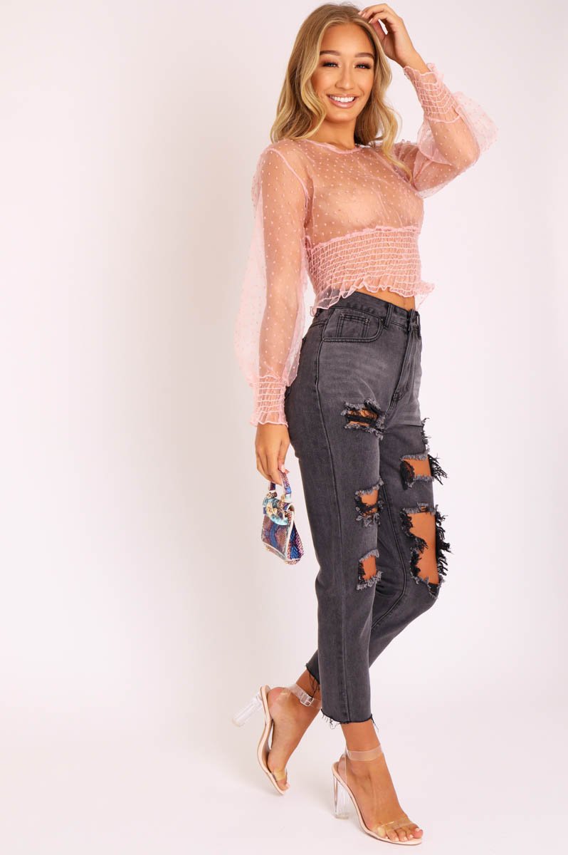 Pink Mesh Swiss Dot Ruched Hem Top - Jozi-Tops