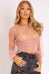 Pink Mesh Swiss Dot Ruched Hem Top - Jozi-Tops