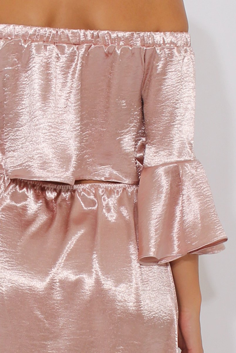 Pink Metallic Bardot Bell Sleeve Open Back Dress - Cairo-Dresses