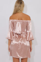Pink Metallic Bardot Bell Sleeve Open Back Dress - Cairo-Dresses