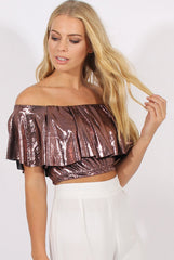 Pink Metallic Bardot Frill Crop Top - Ariana-Crop Tops