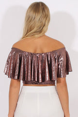 Pink Metallic Bardot Frill Crop Top - Ariana-Crop Tops