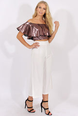 Pink Metallic Bardot Frill Crop Top - Ariana-Crop Tops